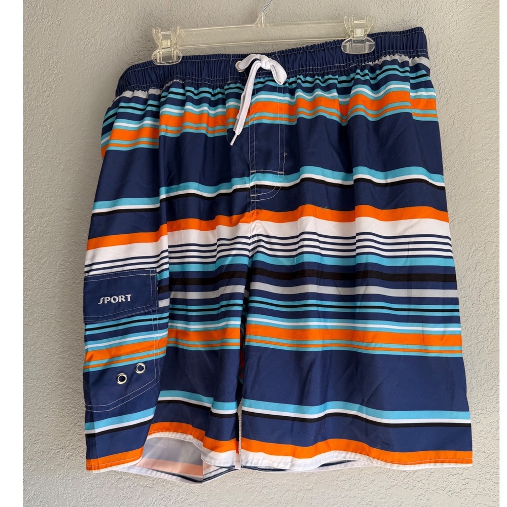 TACVASEN Mens Swim Trunks Striped Board Shorts Navy Blue Orange XL NWT